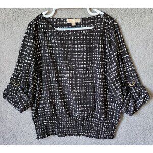 Michael Kors Women's 3/4 Roll Tab Sleeve Smocked Waist Blouse Black/White Sz XL